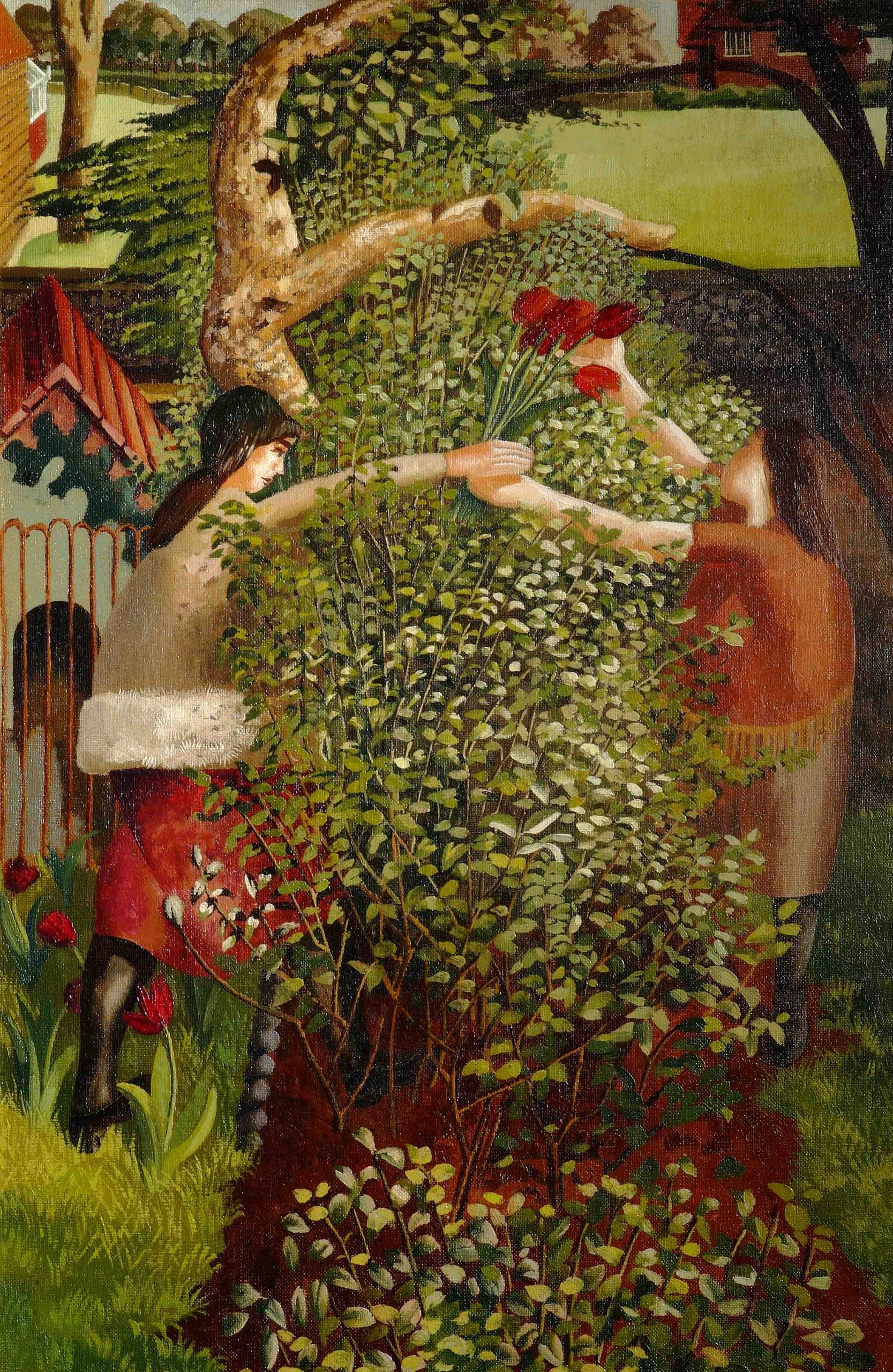 Portrait neighbours Women exchanging tulips over a hedge. Oil on canvas.