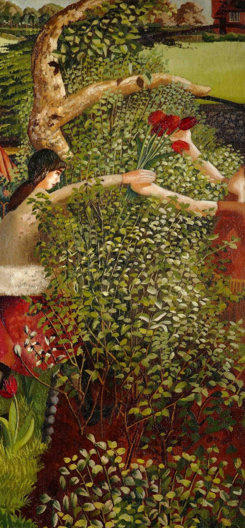 Portrait neighbours Women exchanging tulips over a hedge. Oil on canvas.